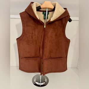 Lauren Ralph Lauren Brown Suede Hooded Vest W Cream Sherpa Fleece Lining P/M NWT